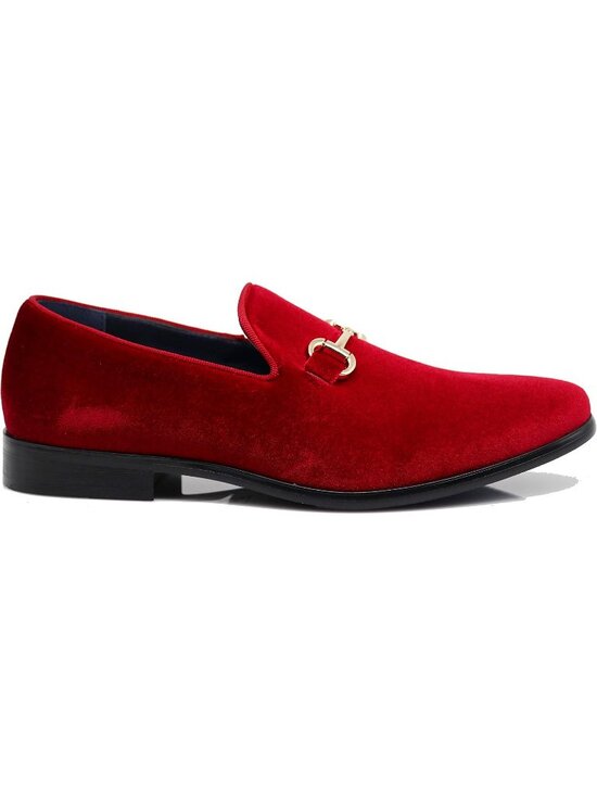 Men\'s Plain Red Vintage Velvet Loafers Metal Buckle Slip On Classic Tuxedo Shoes